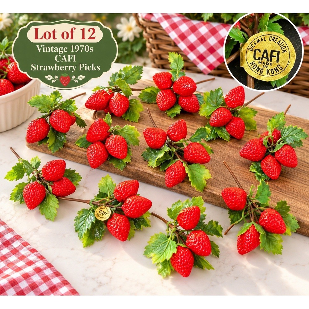 Vintage CAFI Dickmal Plastic Strawberry Picks Lot of 12 Mid Century Fake Fruit